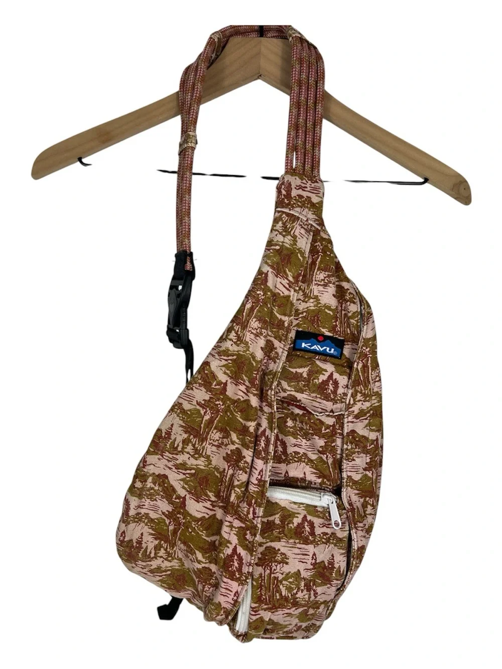 Kavu Sling Rope Backpack Forest Mountain Print Cotton Rust & Green